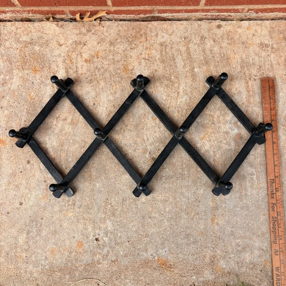 Vintage Black Wooden Accordion Wall Rack 10 Peg Expandable Hat Coat Mug Hanger